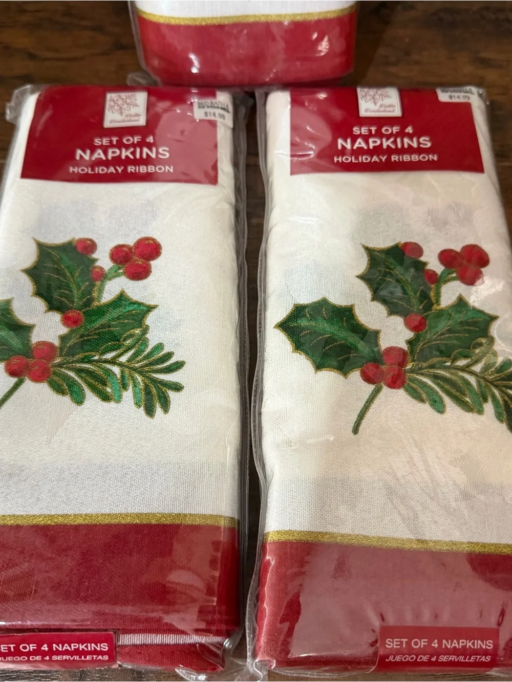 Bed Bath & Beyond Christmas Holiday Ribbon Cloth Napkins Lot Of 3 Pkgs